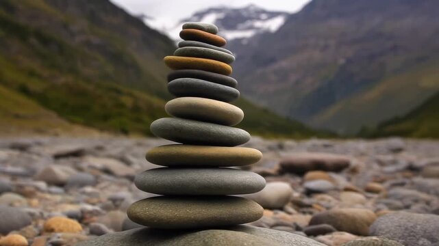 Delicately balanced stone cairn in a serene natural mountain landscape, fostering tranquility