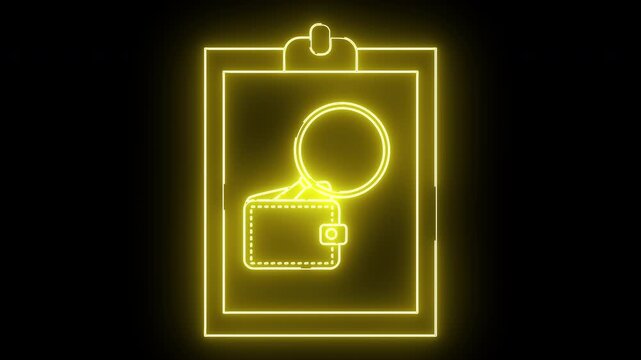 Neon yellow clipboard wallet and magnifying glass on a black background