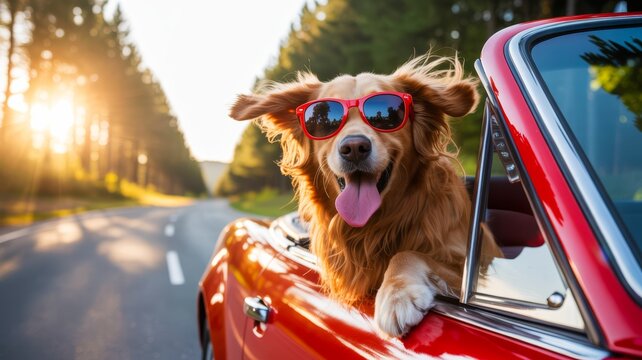 A happy dog wearing sunglasses leans out of a red convertible, enjoying a sunny drive through a scenic forest road.