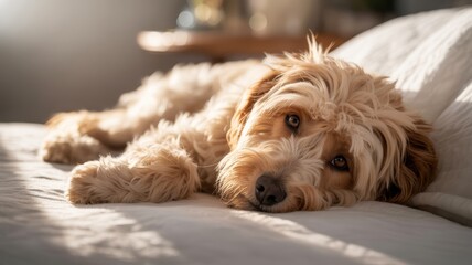 A golden-haired dog relaxes on a bed, gazing softly at the camera in warm, natural light.