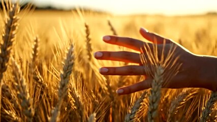 A hand gently touching golden wheat in a sunlit field during harvest season, evoking a sense of tranquility