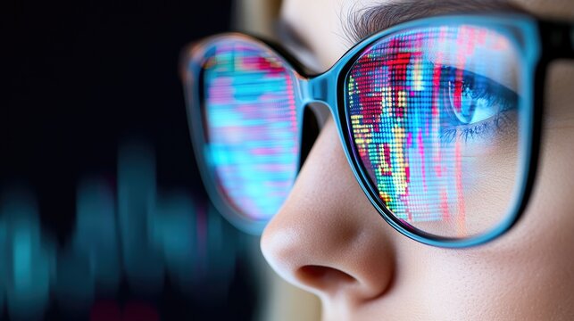 Female programmer with glasses coding against a vibrant background of graphs and complex algorithms