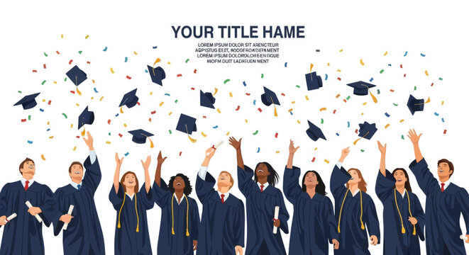 Celebrate academic success! Diverse graduates joyfully throw caps and diplomas, perfect for educational ads, banners, and social media campaigns. Capture the spirit of achievement.