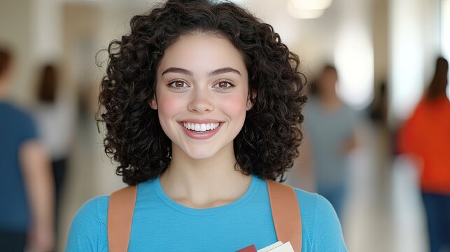 Happy young student walking on university campus with books, enjoying natural light, and smiling at the camera while friends pass by