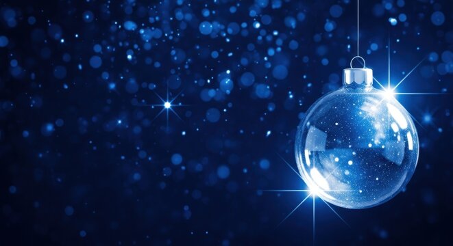Clear Christmas bauble ornament glowing brightly on a dark blue bokeh background with generous copy space. - Powered by Adobe