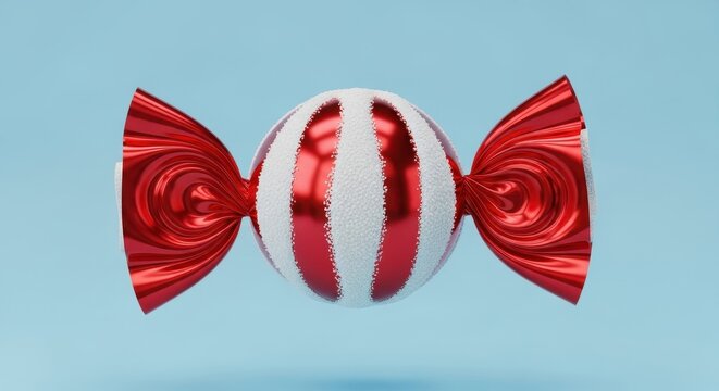 Glossy red and white striped holiday candy sweet wrapped in shiny foil on a blue background - Powered by Adobe