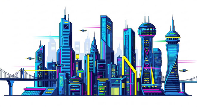 Futuristic city skyline with flying vehicles isolated on, urban scene