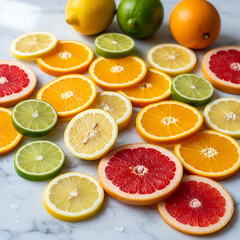 Fototapeta premium Citrus Slices on Marble Fresh Fruit Assortment for Healthy Lifestyle Colorful Citrus Fruit Background Orange Lemon Lime Grapefruit Refreshing Sweet Juicy