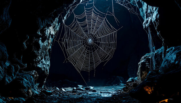 A spider web completely covers the entrance to a dark cave, like a boundary between the known and the unknown. A conceptual image of isolation, obstacles, fears, and inner silence.