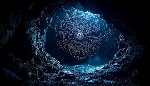 A spider web completely covers the entrance to a dark cave, like a boundary between the known and the unknown. A conceptual image of isolation, obstacles, fears, and inner silence.