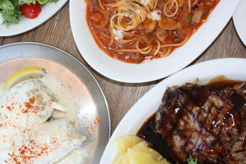 Tomato Spaghetti, Pork Neck Steak, Cheese Corn, Corn Soup