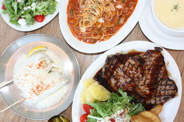Tomato Spaghetti, Pork Neck Steak, Cheese Corn, Corn Soup
