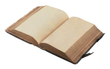 Open antique book showing blank aged pages, isolated on transparent background. Ideal for historical, educational, or design projects