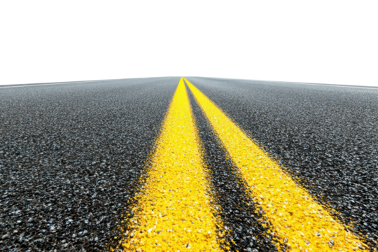 dark grey asphalt road with yellow separation lines isolated on white or transparent png
