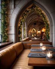 Fototapeta premium Warm festive interior with arches, cozy leather seating, candlelight, holiday greenery, and twinkling lights create inviting dining atmosphere