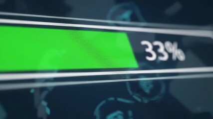 Digital progress bar showing loading and processing data with percentage increase representing technology internet and software updates in a futuristic interface. - Powered by Adobe