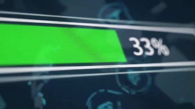 Digital progress bar showing loading and processing data with percentage increase representing technology internet and software updates in a futuristic interface. - Powered by Adobe