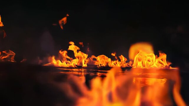Macro flames rolling across a dark reflective surface, sparks and embers dancing in dramatic heat; a seamless fiery background for energetic openers, cinematic transitions, branding sti