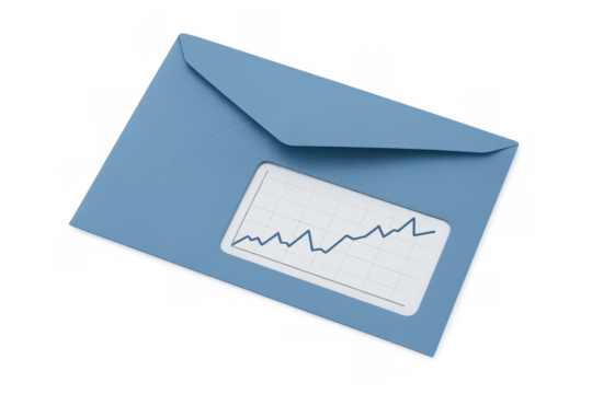 Blue envelope showing financial graph through window for business communication and report data