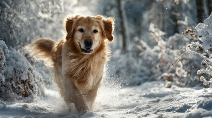 Golden retriever dogs running in winter time in snow playing with each other. Adorable purebred doggy pet labradors in cold weather at nature together