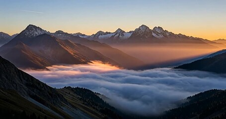 Majestic sunrise over misty mountains with vibrant colors illuminating the sky - Powered by Adobe