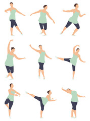 Dancers in various poses and movements, energetic ballet, artistic body language and graceful dance illustration for fitness and performance concept
