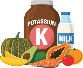 Potassium rich foods, healthy nutrition, dietary sources, food illustration, fruits, vegetables, salmon, milk, vitamins, minerals, wellness, health