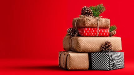 Stack of Christmas gifts on a red background