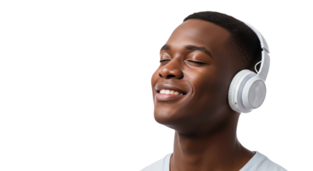 Creative concept of music, headphones, listening captured from smiling perspective for digital content use