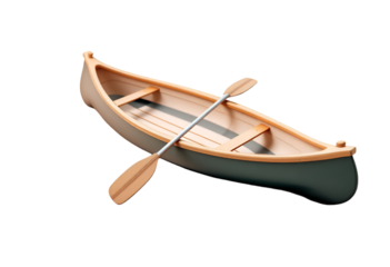 Small Green and Beige Canoe with Wooden Paddle on Transparent Background
