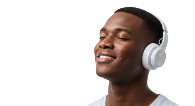 Creative concept of music, headphones, listening captured from smiling perspective for digital content use - Powered by Adobe