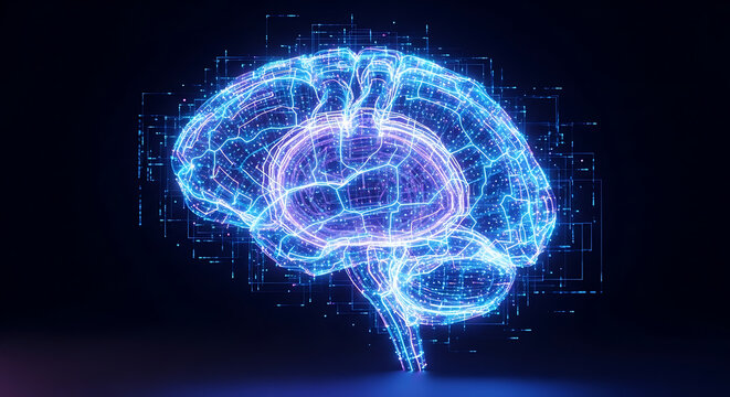 Abstract digital brain visualization with glowing neural networks and particles on a dark background, representing artificial intelligence and data processing