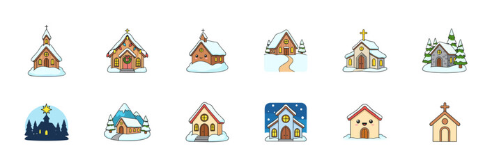 Winter and Christmas-Themed Houses and Churches Illustration Set