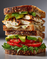 Sandwiches with chicken, avocado, tomato and arugula