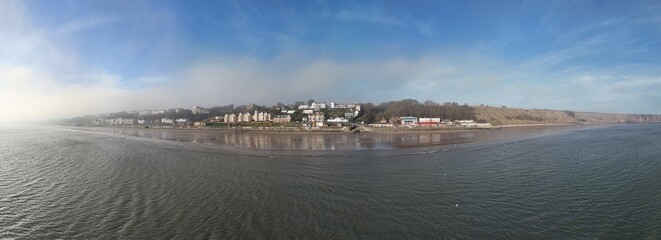 aerial view of British seaside town of Filey, North Yorkshire. England