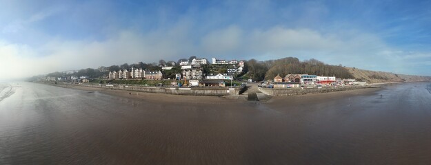 aerial view of British seaside town of Filey, North Yorkshire. England
