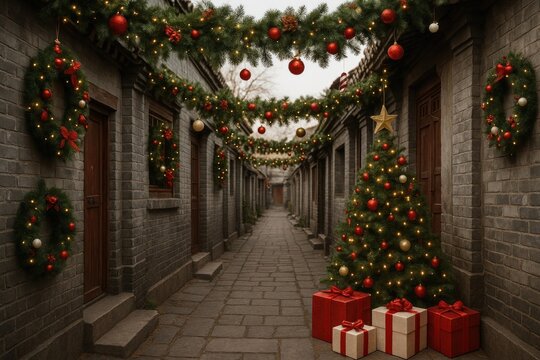 Festive alley with Christmas decorations background