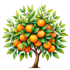 Watercolor painting of an orange tree full of fruit isolated on transparent background