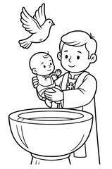 Illustration of a priest holding a baby during a baptism ceremony, with a dove flying above, symbolizing purity and new beginnings in a spiritual context
