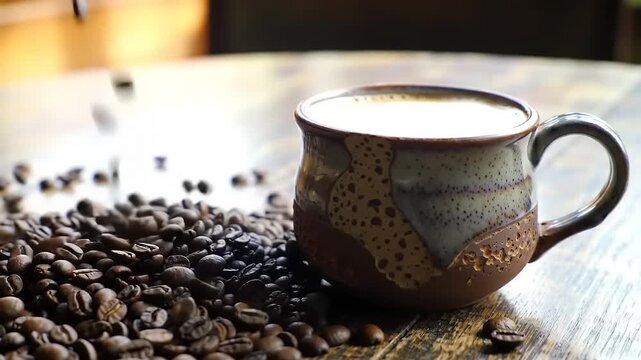Coffee pouring into cup on rustic table.