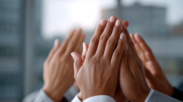Business team hands together unity success, diverse group high five in office, teamwork celebration, motivation