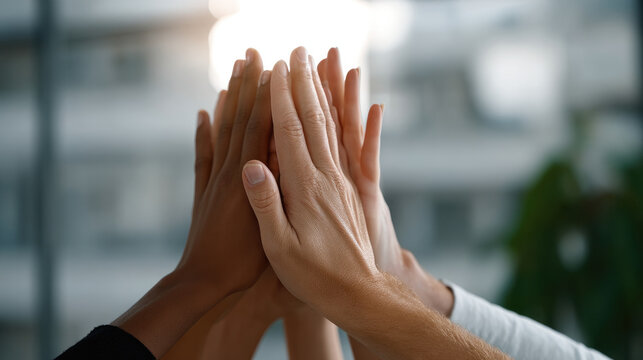Group of diverse hands joining together in high five gesture, teamwork and unity concept, close up, positive energy, office background