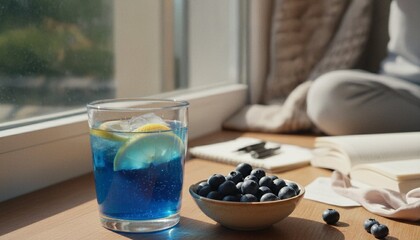 A refreshing blue drink with lemon slices, next to a bowl of fresh blueberries by the window