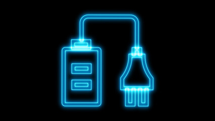 Bright blue neon glowing battery icon connected to an electric plug, symbolizing charging and power supply in a futuristic digital technology context.