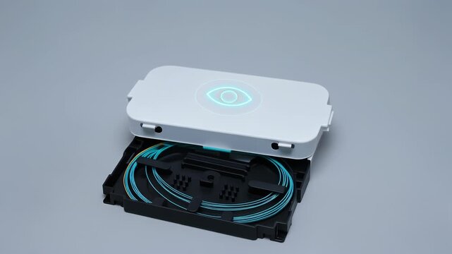 Fiber optic technology compact splice box and splice case opening white panel with organized cable loops connector protective tray glowing status