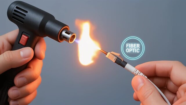 Fiber optic connector heated with handheld torch for cable repair and technology fusion by careful hands during termination procedure