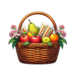 A picnic basket filled with fresh fruits and sandwiches isolated on transparent background