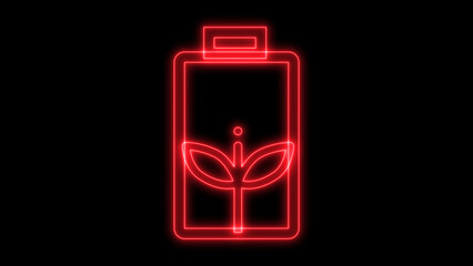 Red neon outlined battery icon with a green plant sprout symbolizing sustainable energy, eco-friendly power, and future electricity solutions on a dark background