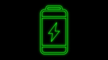 Bright neon green battery icon with a vibrant lightning bolt symbol indicating charging or power level against a dark black background, representing technology and energy.