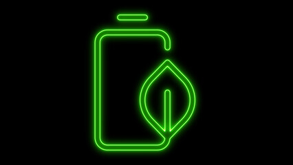 A bright neon green glowing outline of a battery icon with a green leaf symbolizing eco friendly energy and sustainable power on a dark black background